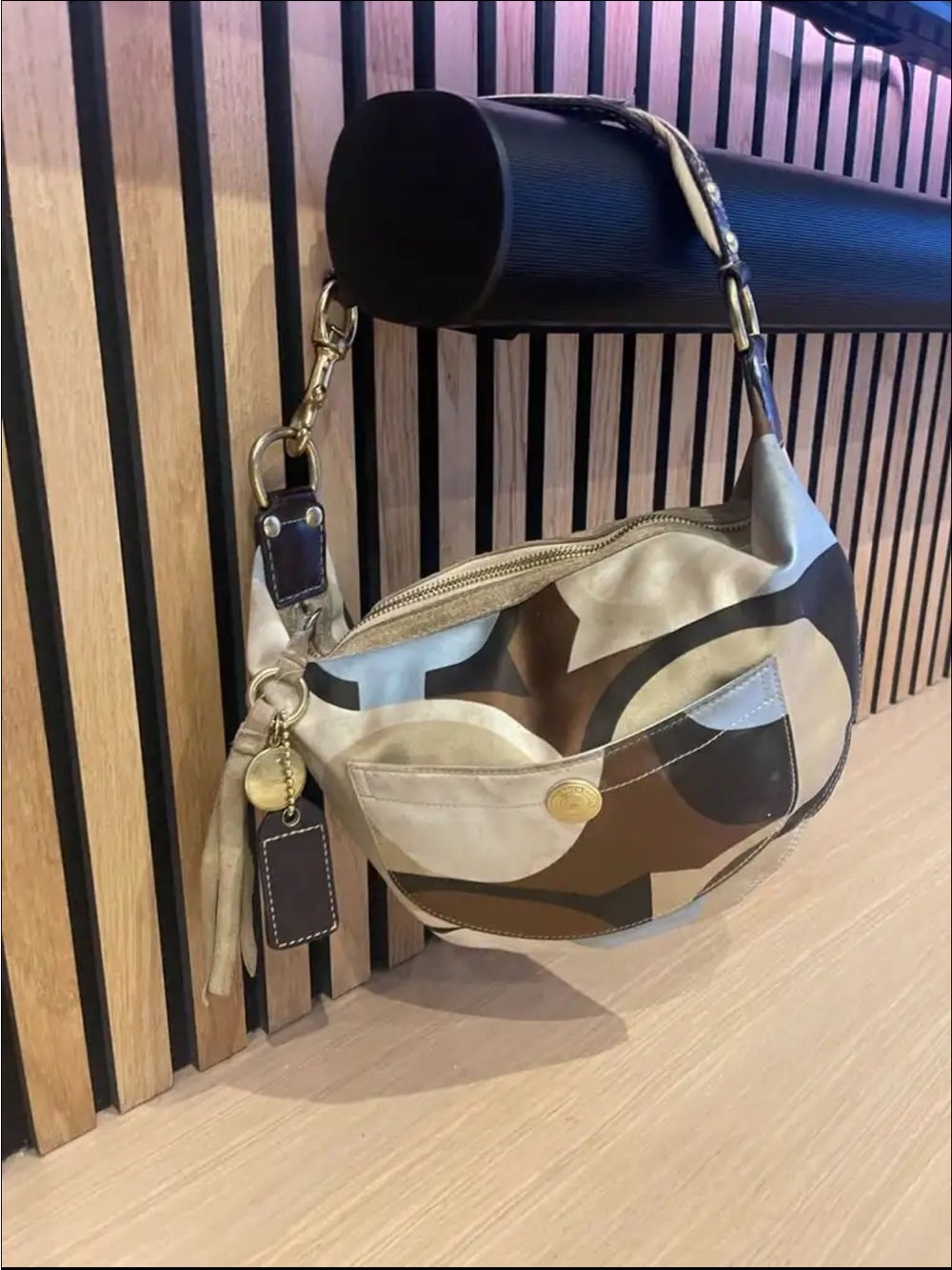 Canvas Hobo Shoulder Bag in Beige and Brown